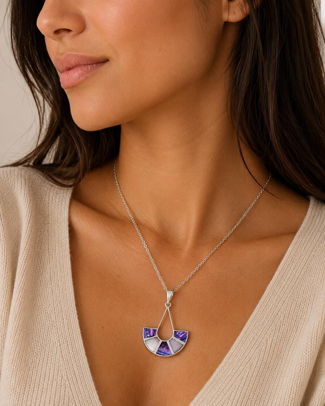 Art Deco Purple Abalone Shell Fan Pendant – Handmade Taxco Silver Necklace