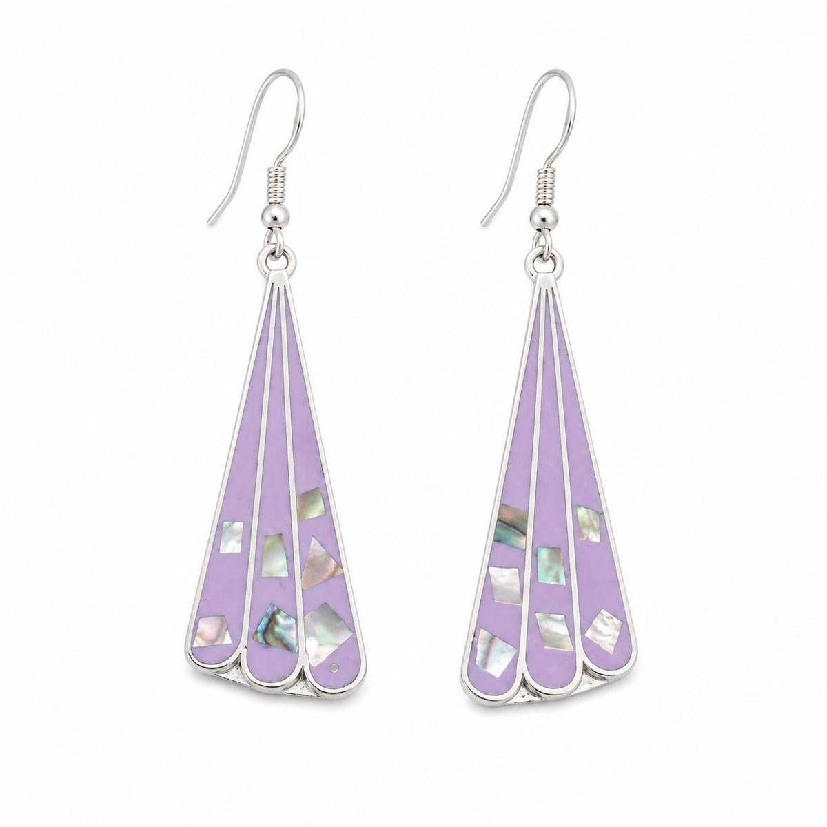 Elegant Art Deco Silver Plated Earrings with Lavender Enamel Abalone Inlay