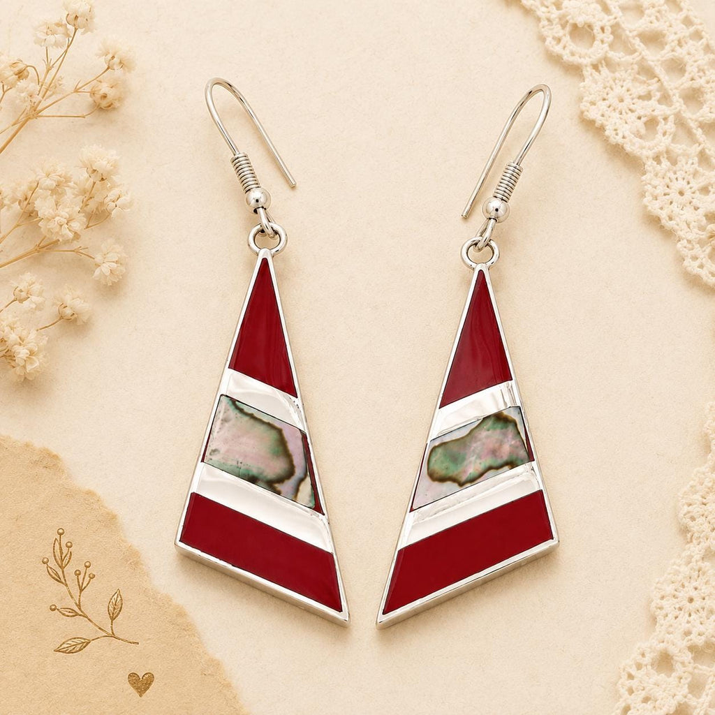 Silver Plated Abalone Inlay Triangle Earrings: Art Deco Taxco Enamel Resin Design