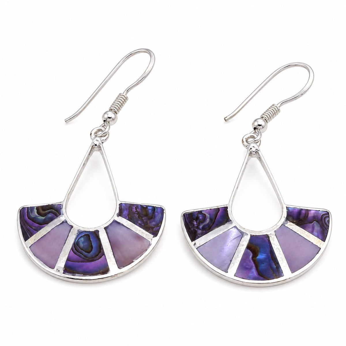 Art Deco Purple Abalone Shell Fan Earrings, Silver Plated Taxco Mexican Jewelry