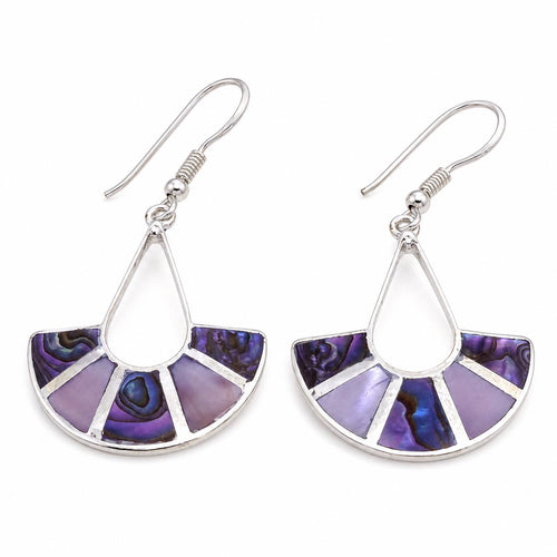 Art Deco Purple Abalone Shell Fan Earrings, Silver Plated Taxco Mexican Jewelry