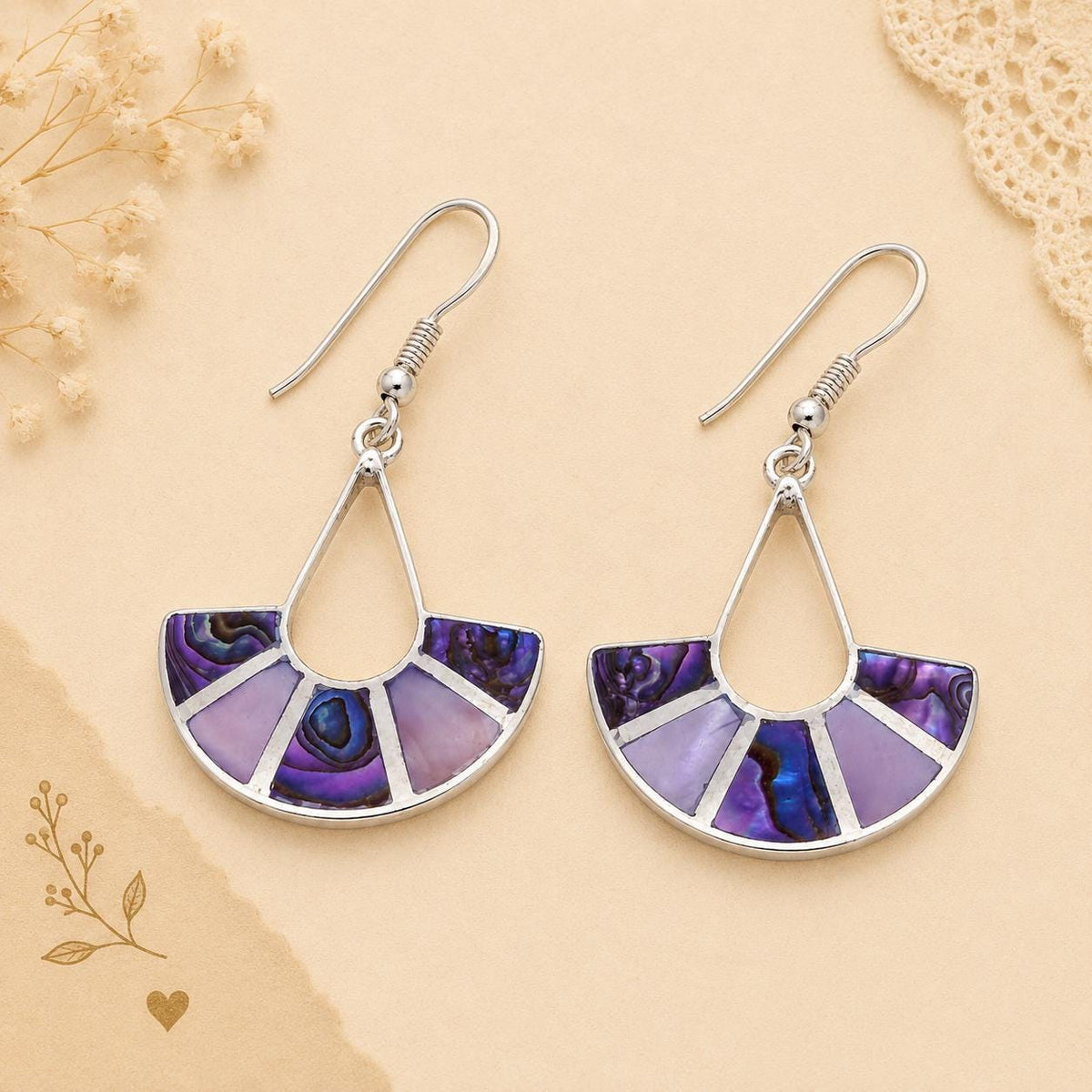 Art Deco Purple Abalone Shell Fan Earrings, Silver Plated Taxco Mexican Jewelry