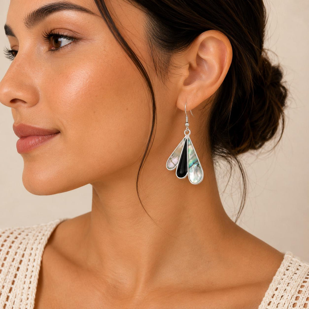 Art Deco Abalone Fan Earrings, Silver Plated, Mexican Azteca Jewelry