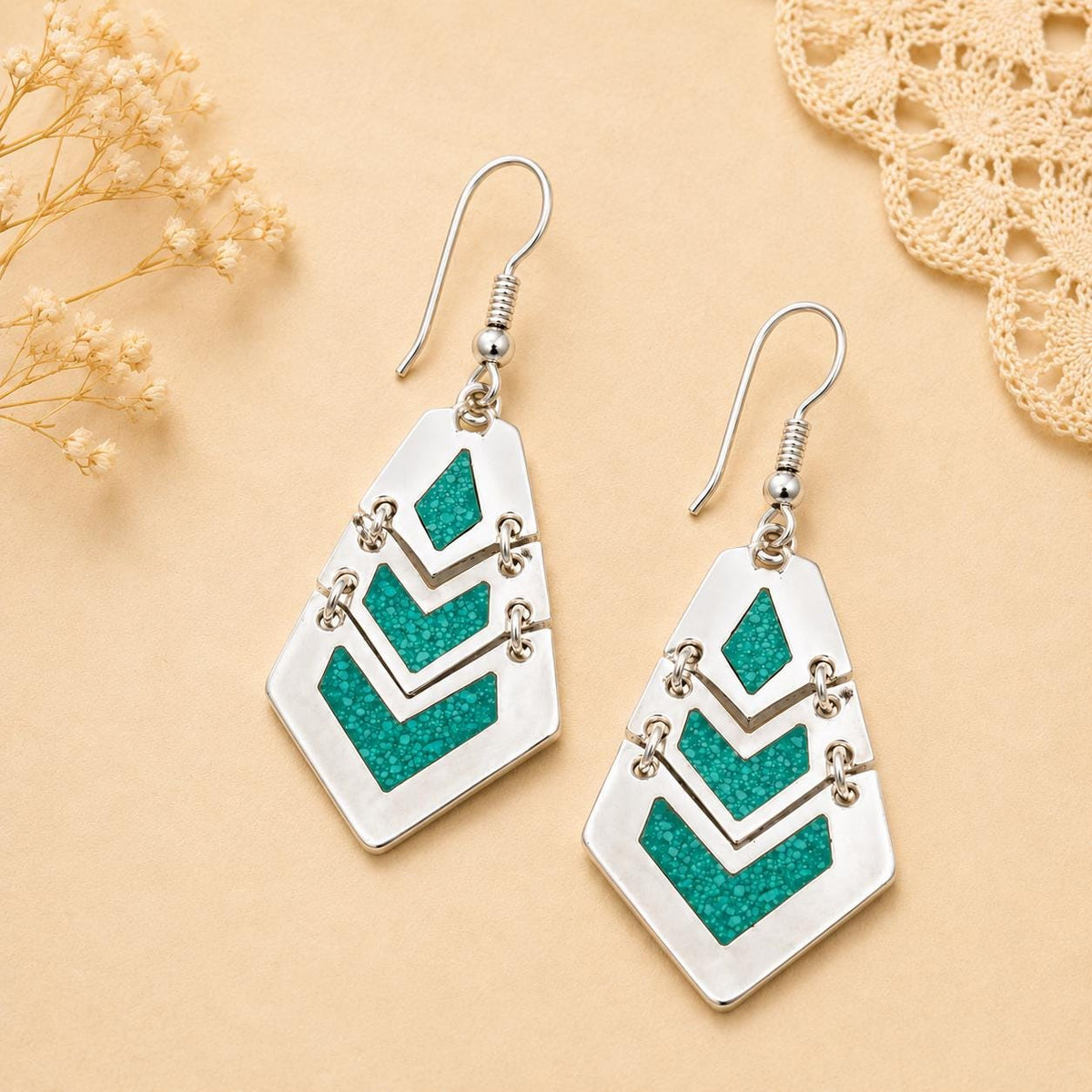 Handmade Silver Plated Malachite Earrings: Articulated Azteca Design with Chain Detail, Mexican Artisan Jewelry