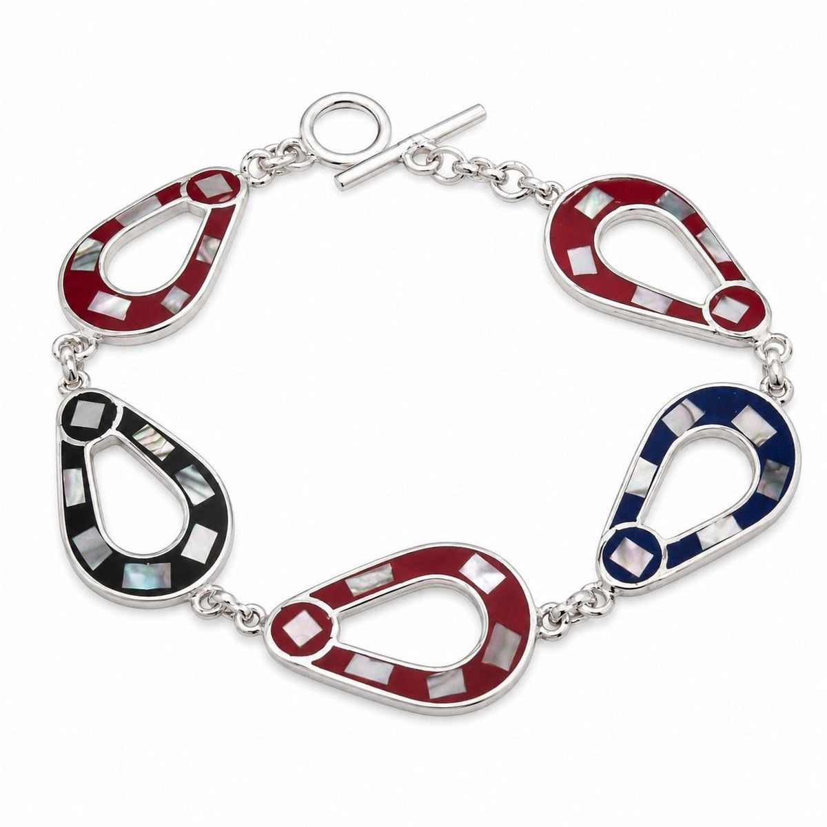 Handmade Mexican Silver Abalone Bracelet with Red and Blue Enamel Resin Design