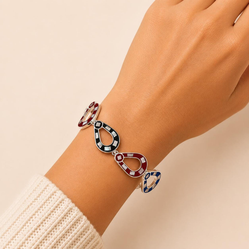 Handmade Mexican Silver Abalone Bracelet with Red and Blue Enamel Resin Design