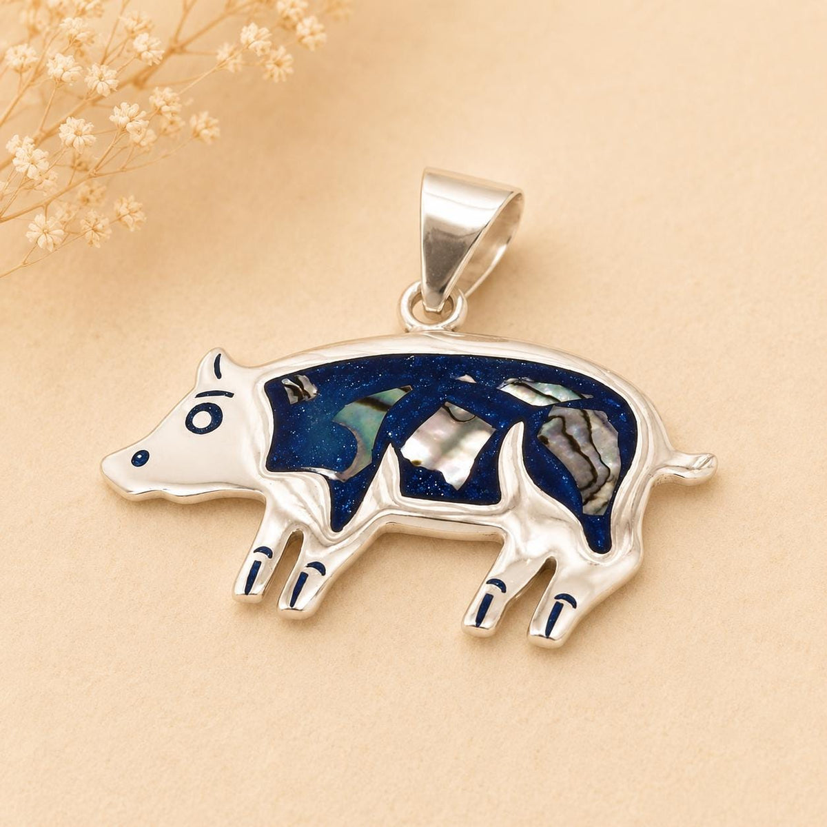 Mexican Artisan Abalone Pig Pendant: Silver Plated Boho Chic Jewelry with Enamel Effect Resin