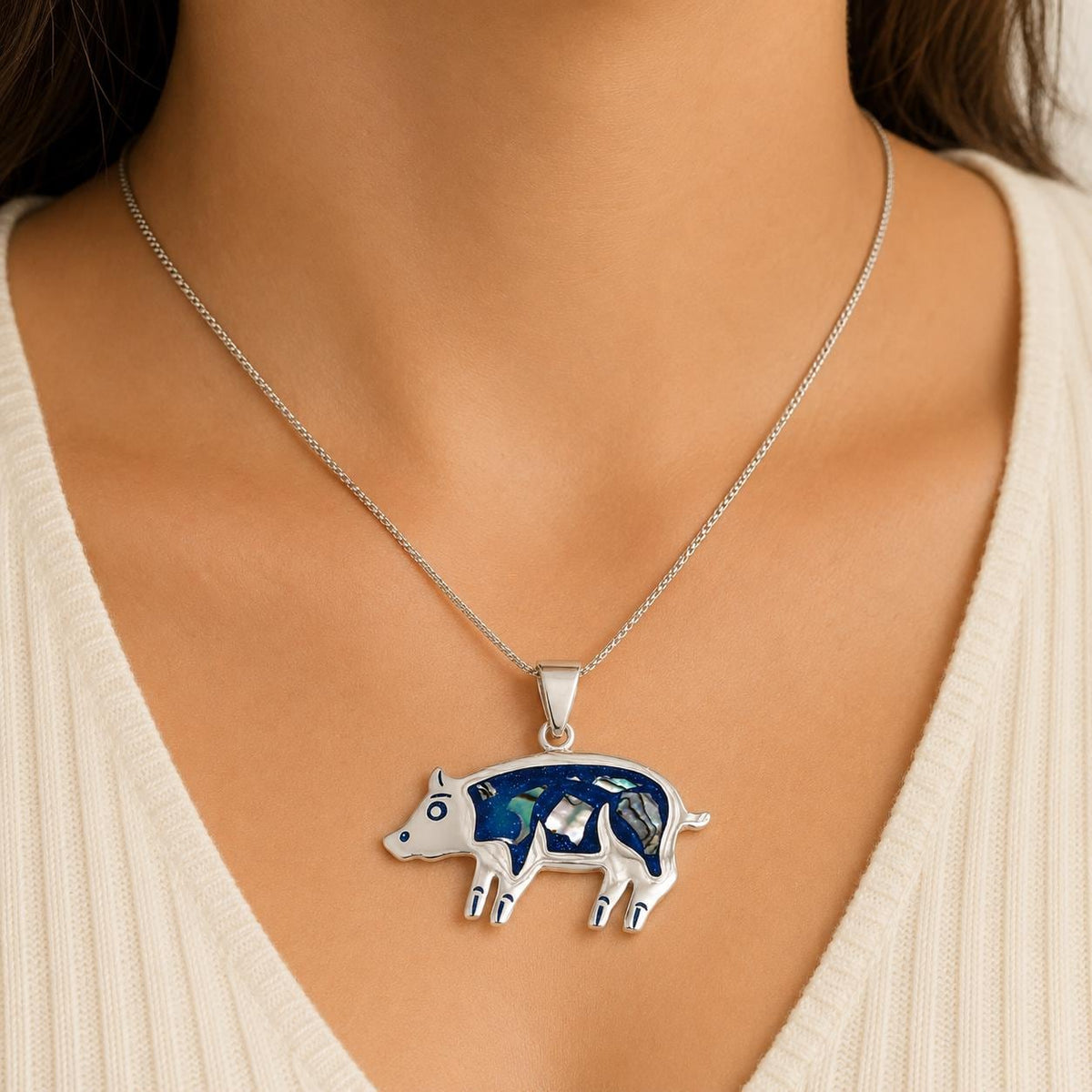 Mexican Artisan Abalone Pig Pendant: Silver Plated Boho Chic Jewelry with Enamel Effect Resin