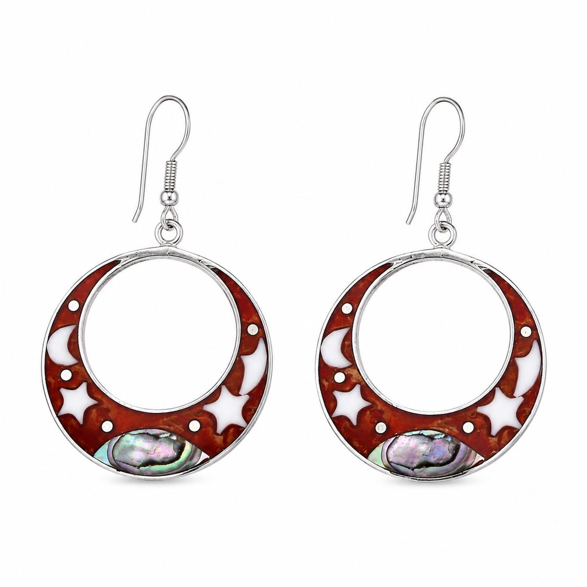 Handcrafted Silver Plated Mexican Abalone Hoop Earrings with Boho Chic Style-FREE USA SHIPPING