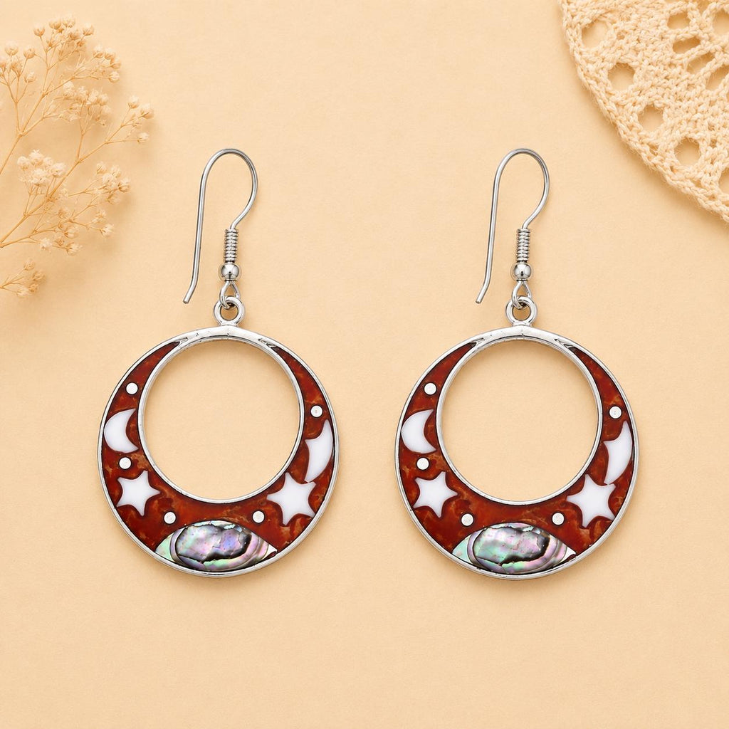 Handcrafted Silver Plated Mexican Abalone Hoop Earrings with Boho Chic Style-FREE USA SHIPPING