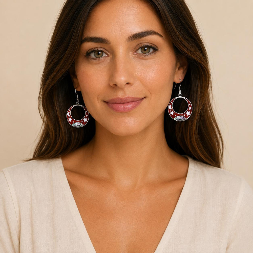 Handcrafted Silver Plated Mexican Abalone Hoop Earrings with Boho Chic Style-FREE USA SHIPPING