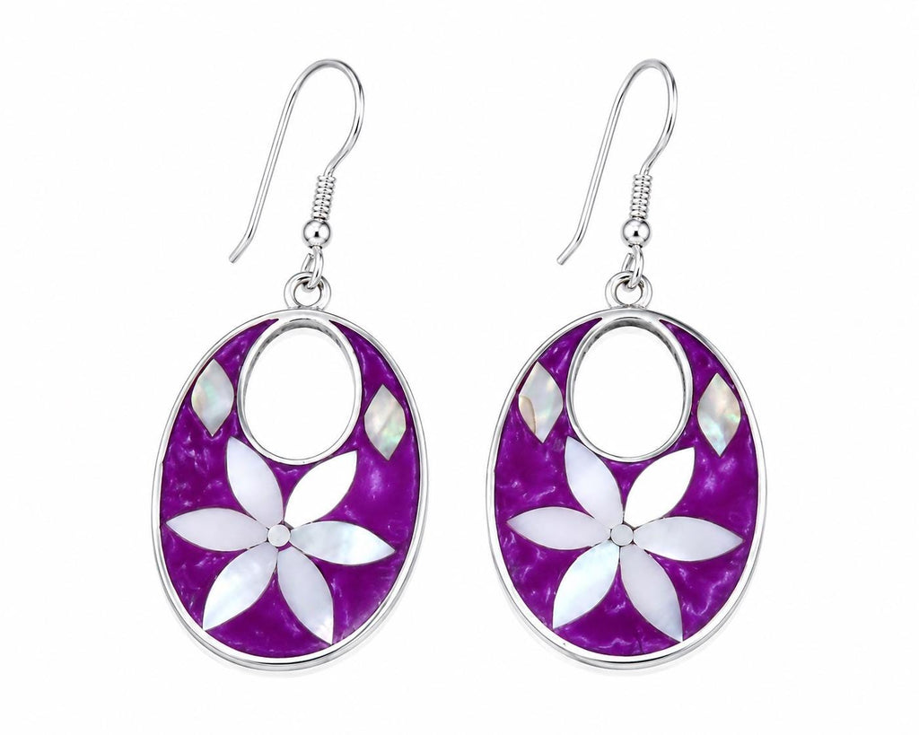 Silver Plated Floral Earrings with Mother of Pearl, Abalone Shell – Mexican Boho Chic Jewelry