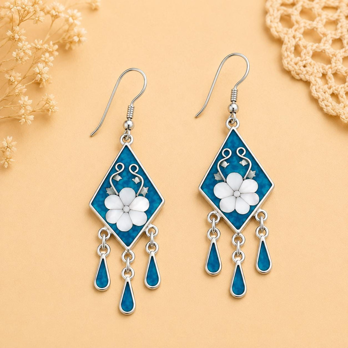 Taxco Silver Plated Boho Earrings – Mother of Pearl, Turquoise Resin Inlay