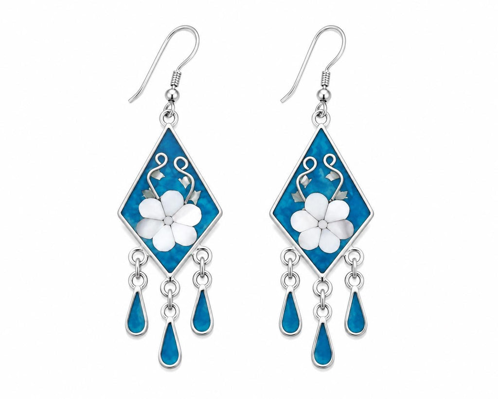 Taxco Silver Plated Boho Earrings – Mother of Pearl, Turquoise Resin Inlay
