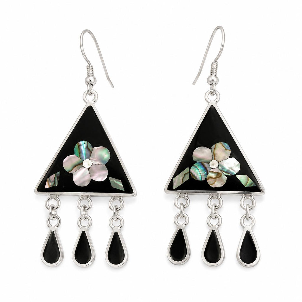 Handmade Taxco Abalone Silver Plated Boho Flower Earrings – Enamel Resin Artisan Design
