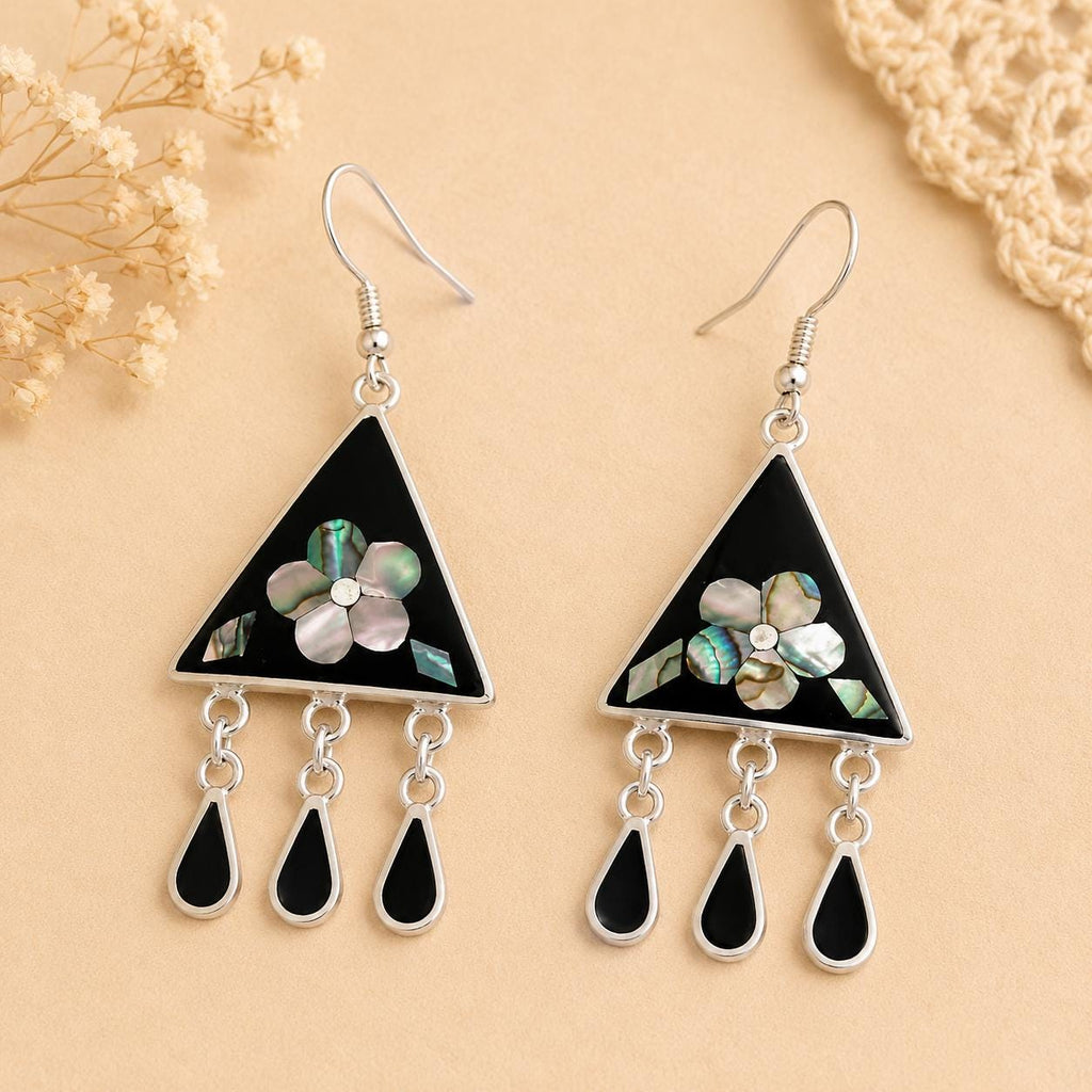 Handmade Taxco Abalone Silver Plated Boho Flower Earrings – Enamel Resin Artisan Design