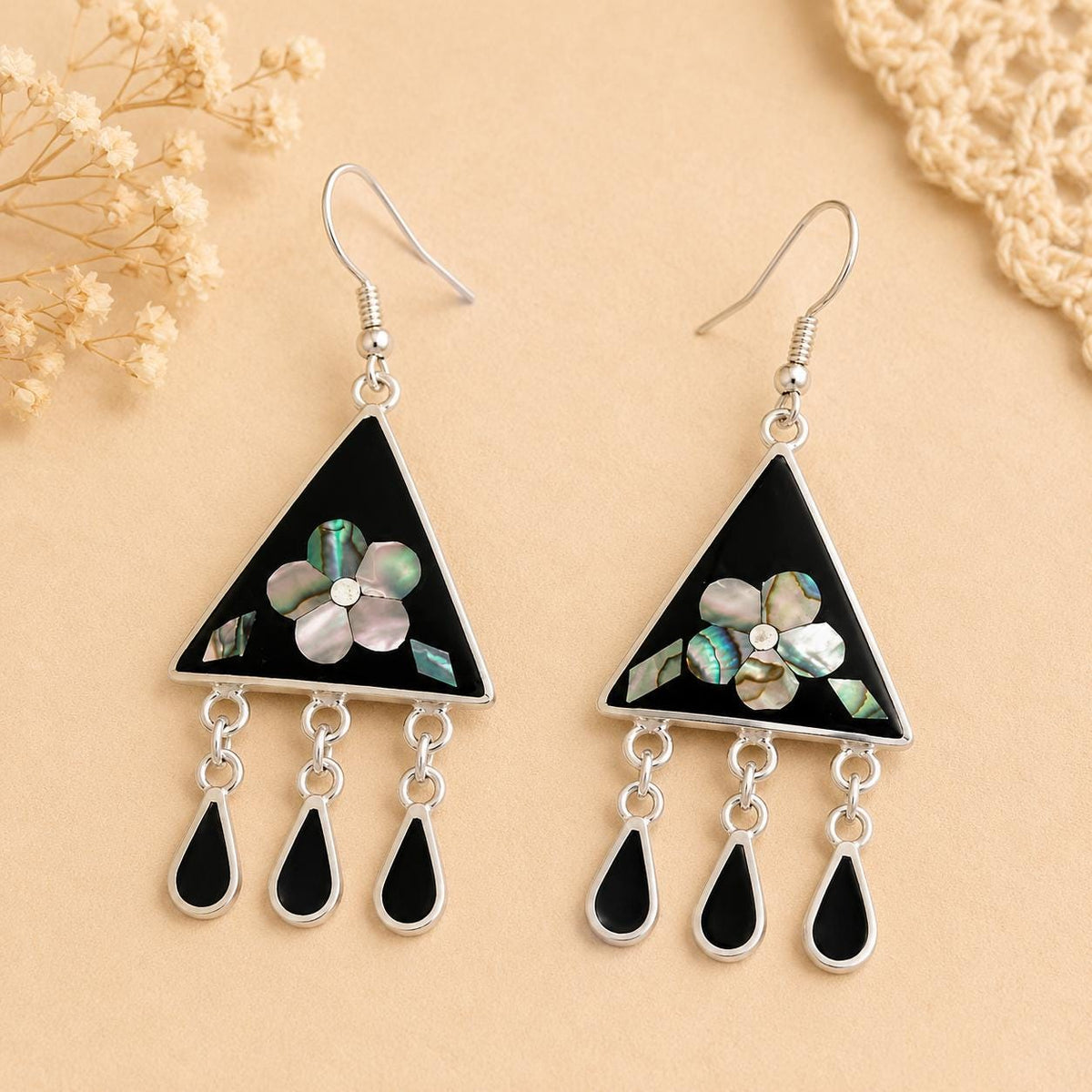 Handmade Taxco Abalone Silver Plated Boho Flower Earrings – Enamel Resin Artisan Design