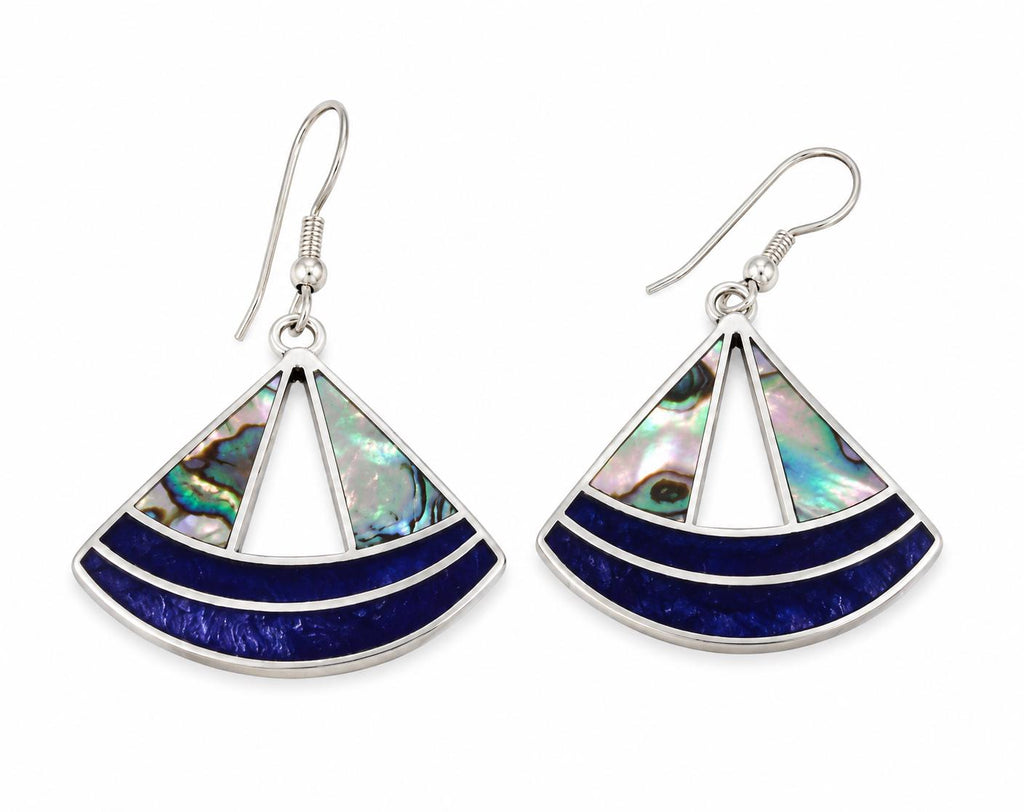 Handcrafted Abalone Shell Fan Earrings, Blue Resin, Silver Plated 950, Mexican Artisan Jewelry