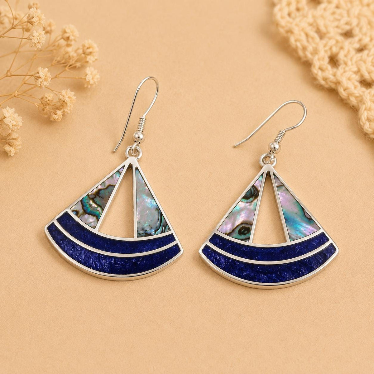 Handcrafted Abalone Shell Fan Earrings, Blue Resin, Silver Plated 950, Mexican Artisan Jewelry