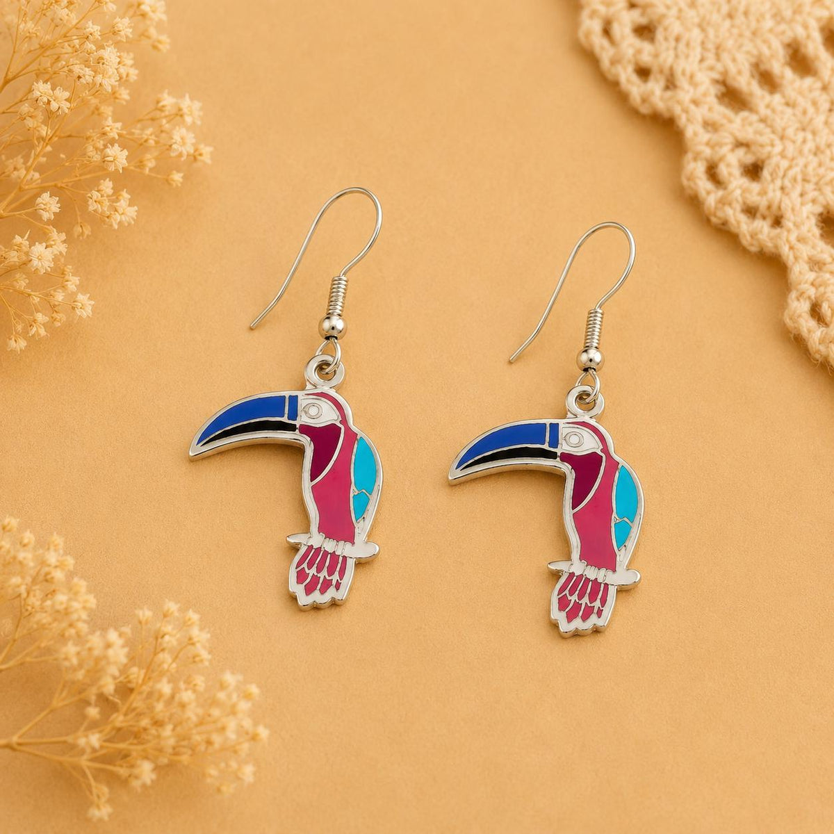 Artisan Mexican Toucan Earrings – Silver Plated Enamel Resin Jewelry