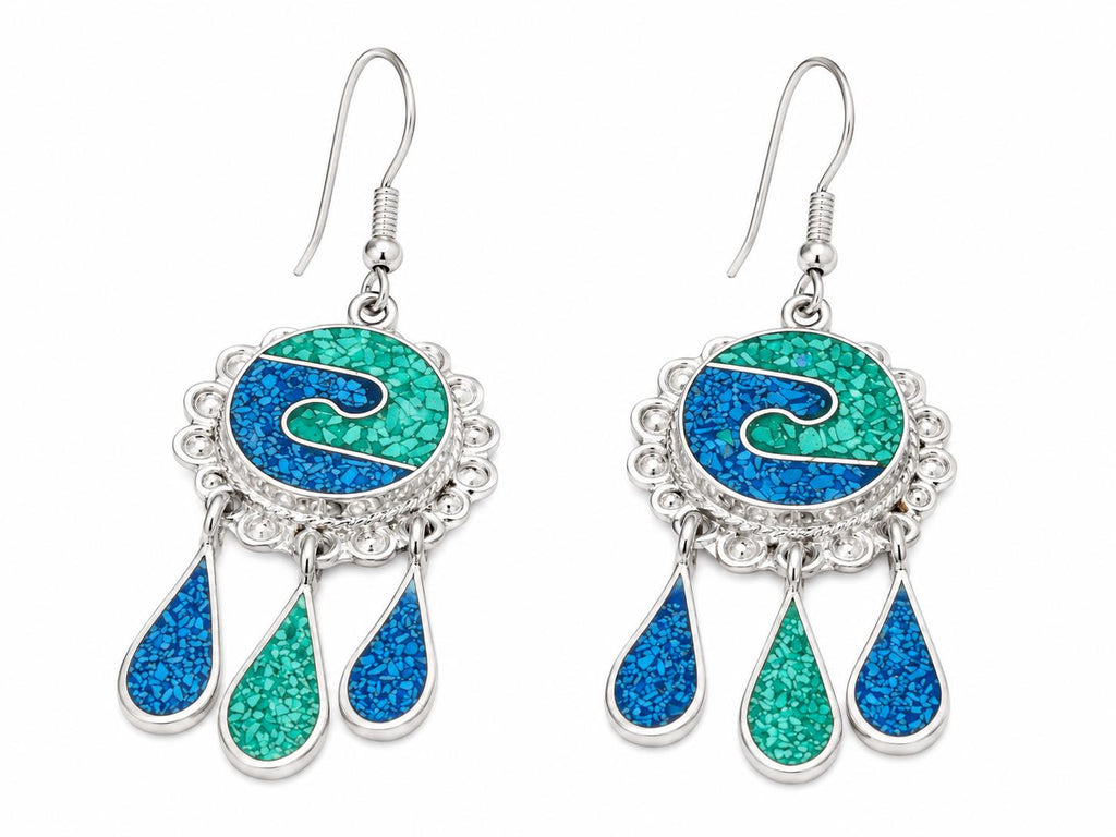 Art Deco Mexican Silver Plated Earrings – Turquoise Malachite Inlay Boho Style
