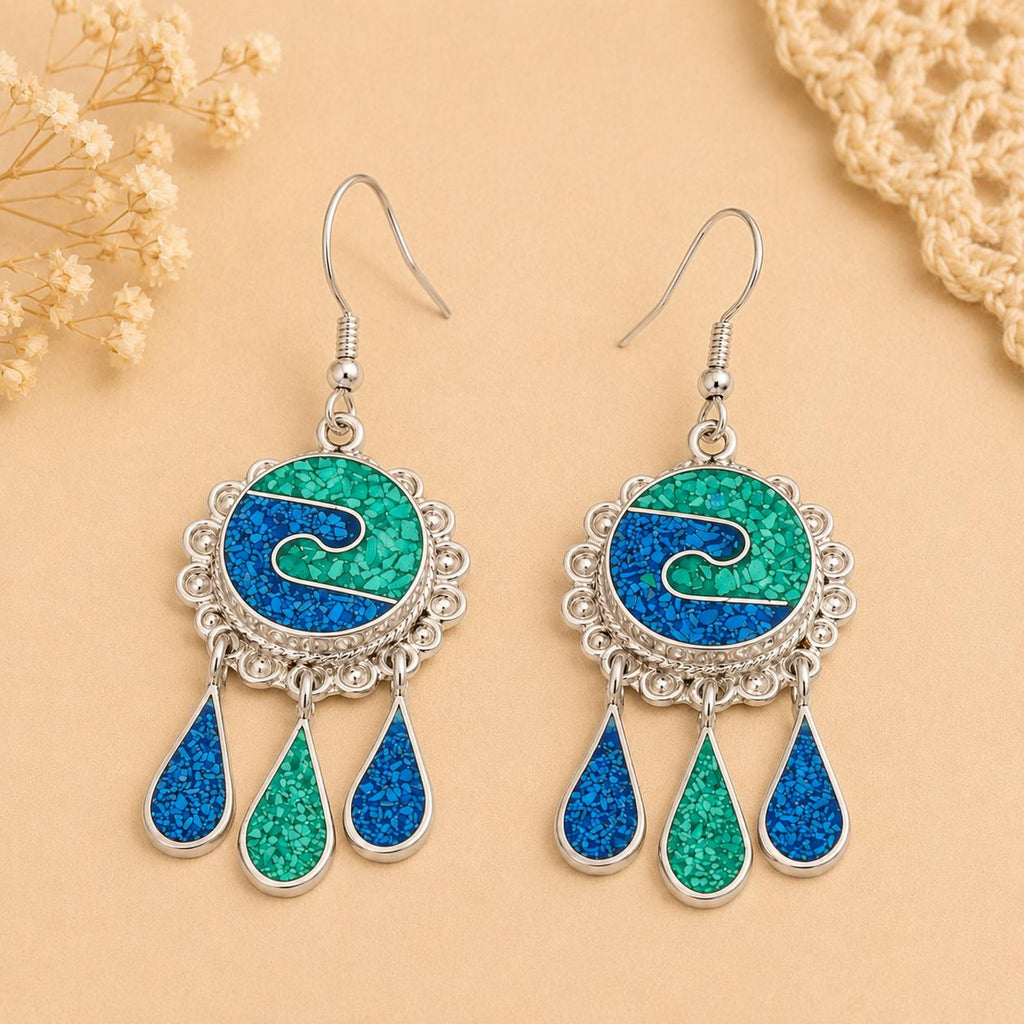 Art Deco Mexican Silver Plated Earrings – Turquoise Malachite Inlay Boho Style