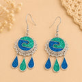 Art Deco Mexican Silver Plated Earrings – Turquoise Malachite Inlay Boho Style