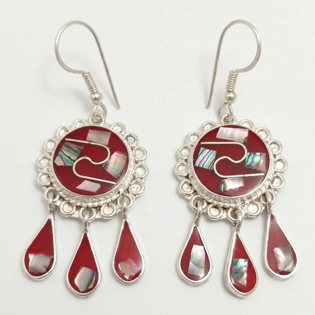 Exquisite Mexican Abalone Silver Plated Earrings with Red Tassel Dangle