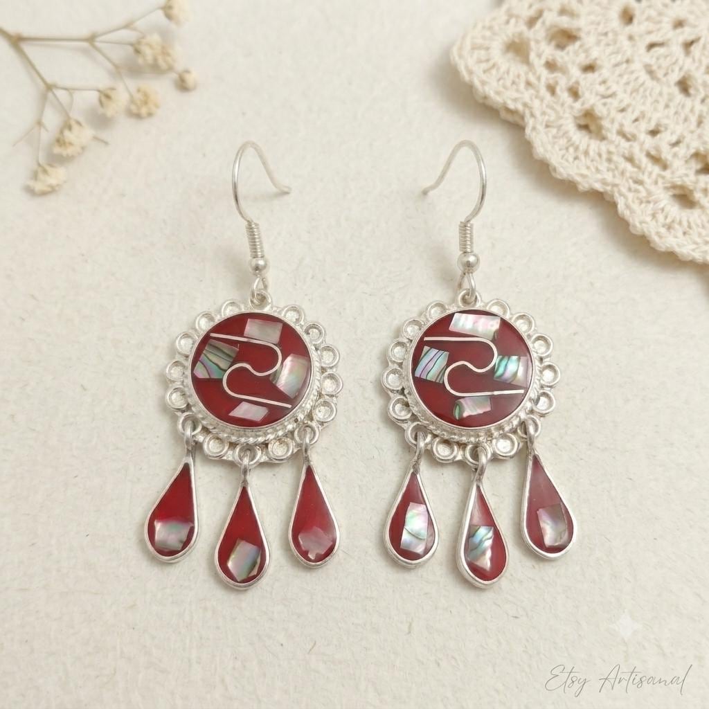 Exquisite Mexican Abalone Silver Plated Earrings with Red Tassel Dangle