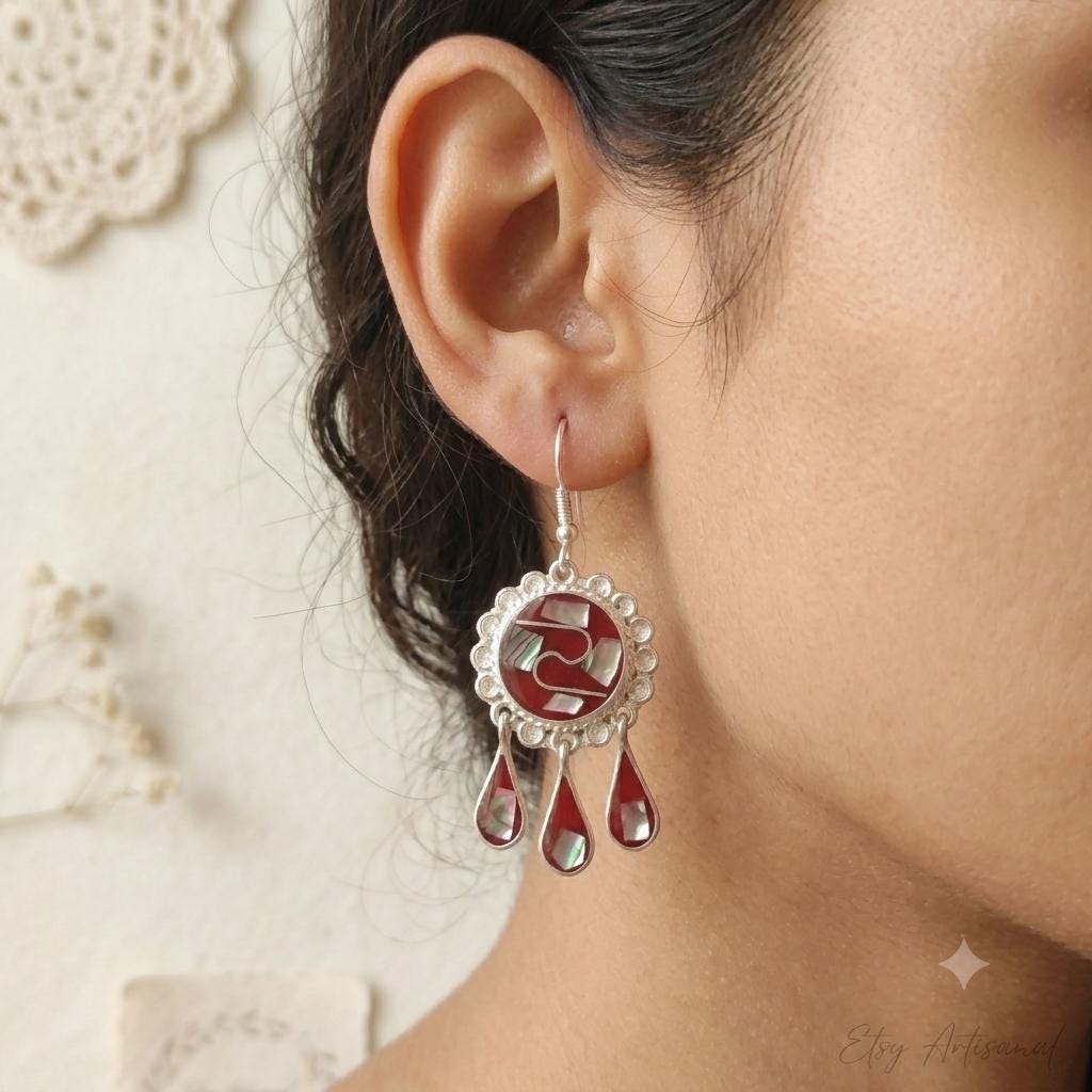 Exquisite Mexican Abalone Silver Plated Earrings with Red Tassel Dangle