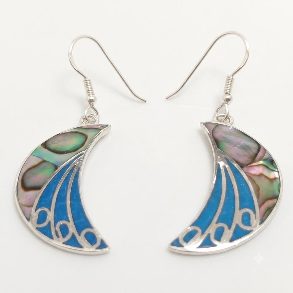 Artisan Silver Plated Abalone Moon Earrings, Blue Enamel Style - Mexican Handmade Jewelry from Taxco