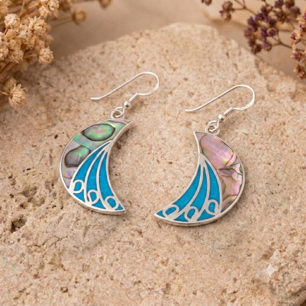 Artisan Silver Plated Abalone Moon Earrings, Blue Enamel Style - Mexican Handmade Jewelry from Taxco