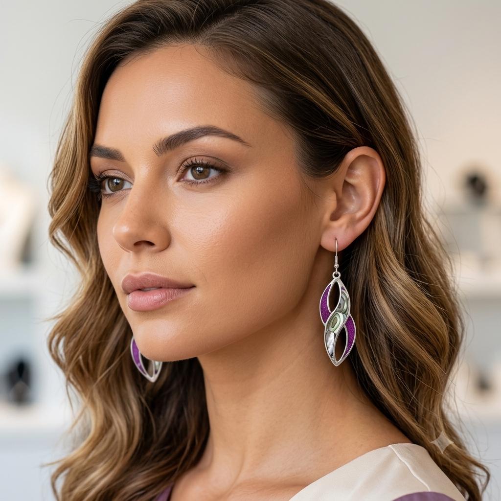 Art Deco Abalone Shell Earrings, Bougainvillea Resin, Silver Plated