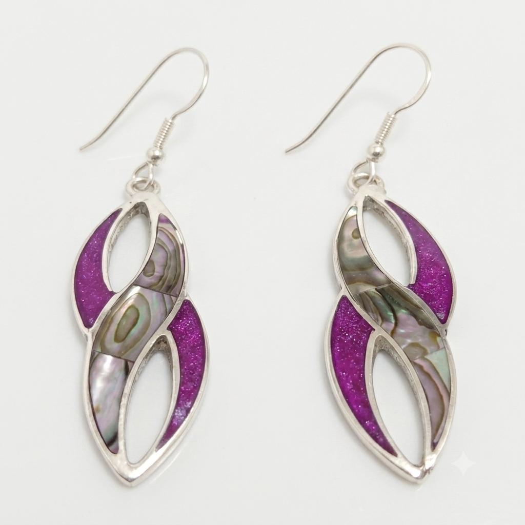 Art Deco Abalone Shell Earrings, Bougainvillea Resin, Silver Plated