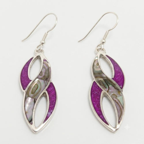 Art Deco Abalone Shell Earrings, Bougainvillea Resin, Silver Plated