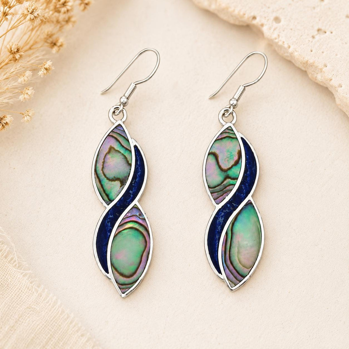 Handcrafted Vintage Mexican Earrings with Abalone Shell & Blue Enamel Inlay