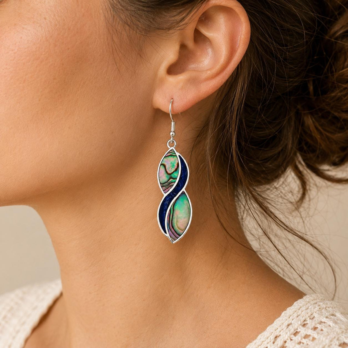 Handcrafted Vintage Mexican Earrings with Abalone Shell & Blue Enamel Inlay