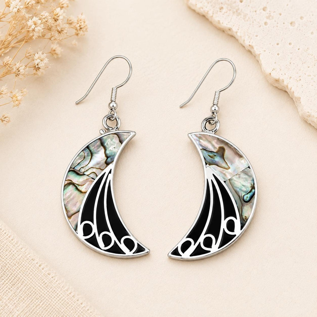 Art Deco Abalone Crescent Moon Earrings, Silver Plated, Black Enamel Resin Celestial
