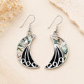 Art Deco Abalone Crescent Moon Earrings, Silver Plated, Black Enamel Resin Celestial