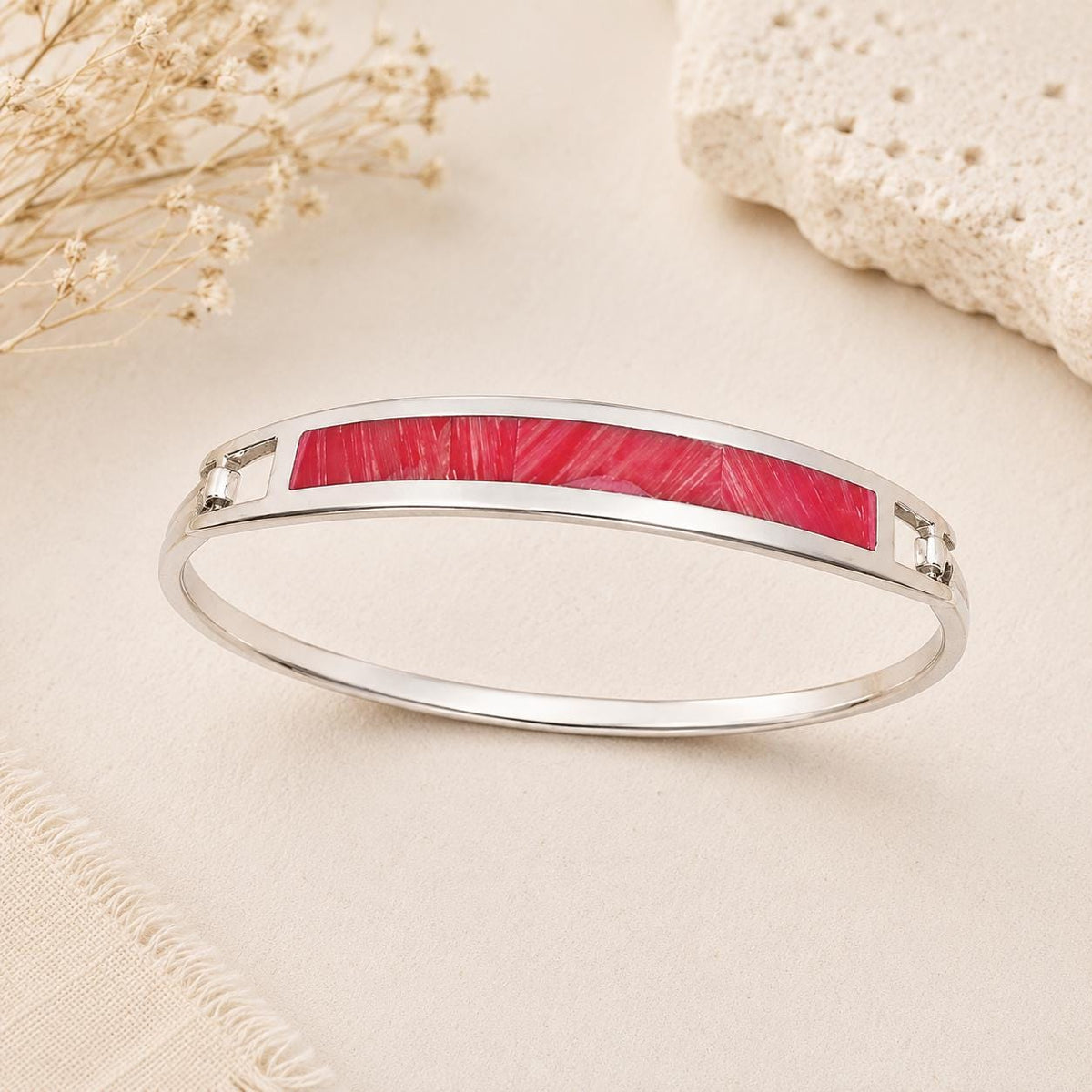 Mexican Artisan Silver Plated Salmon Enamel Boho Cuff Bracelet Unique Handmade Jewelry
