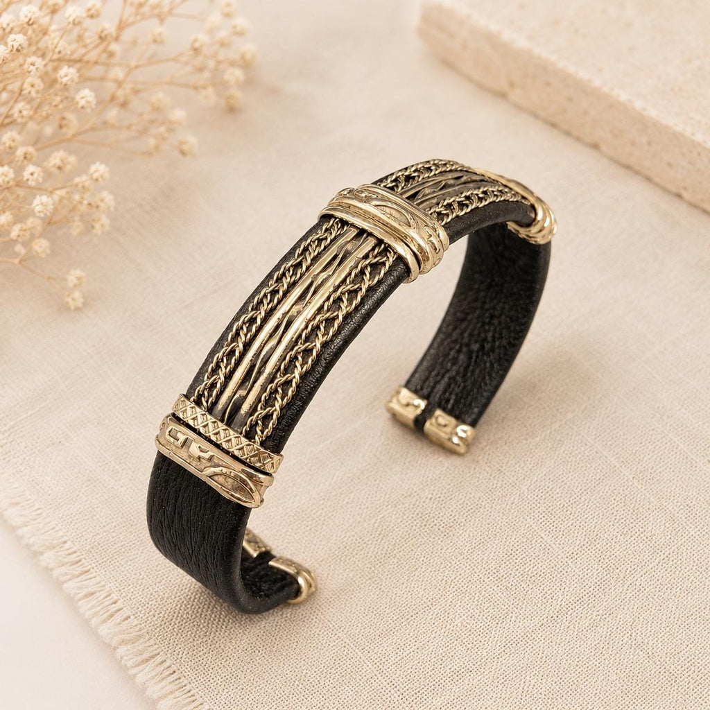 Brass Leather Cuff Bangle – Mixed Metal Unisex Adjustable Bracelet