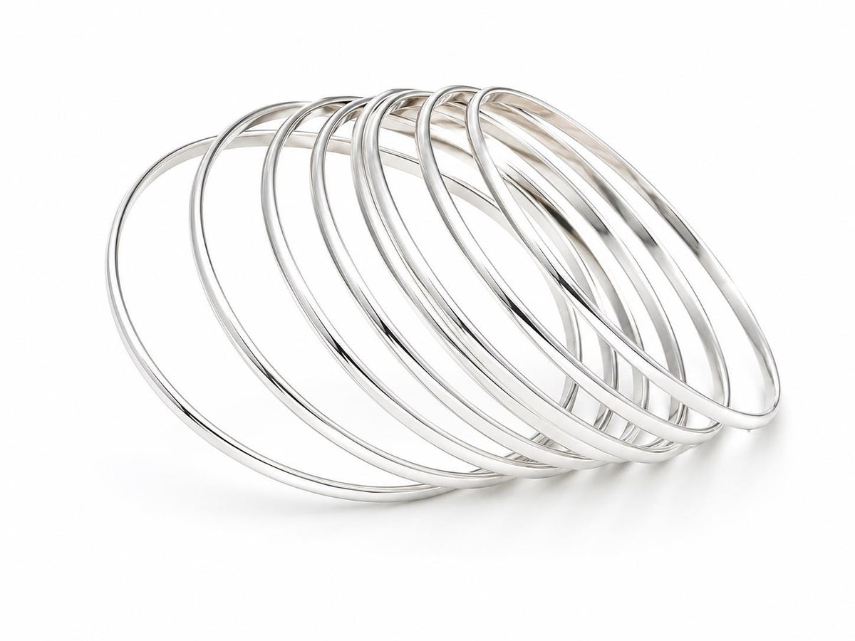 Mexican Boho Silver Bangle Bracelet Set - Stackable 7 Bracelets, Weekly Wear, 3mm Semi-Round Design,