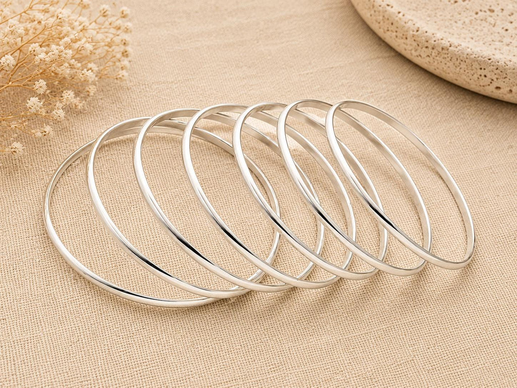 Mexican Boho Silver Bangle Bracelet Set - Stackable 7 Bracelets, Weekly Wear, 3mm Semi-Round Design,