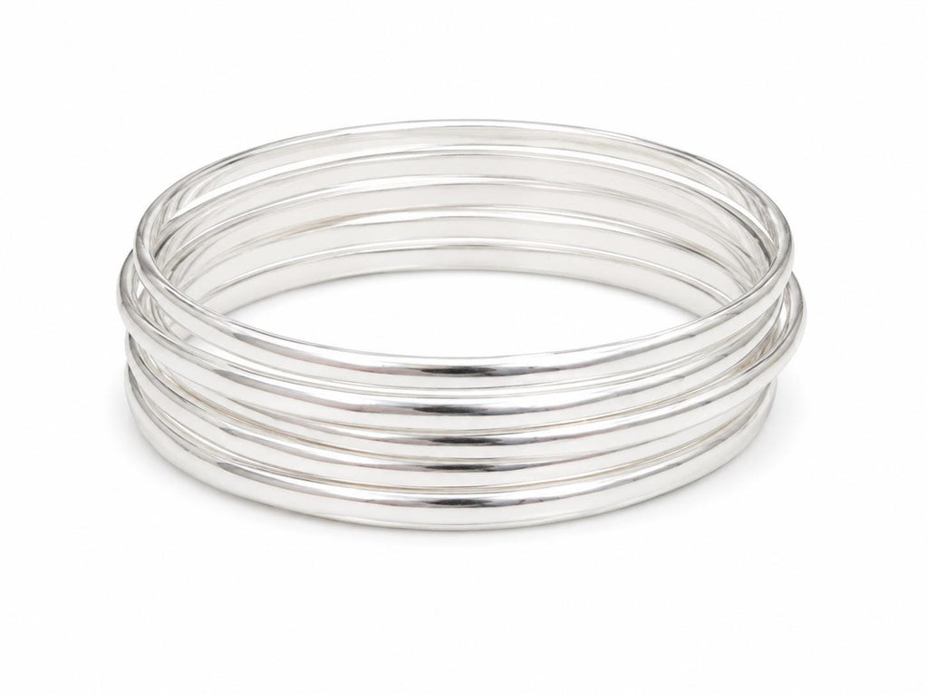 7-Piece Boho Silver Bangle Set – Handcrafted Mexican Bracelets, Modern Half-Round Design
