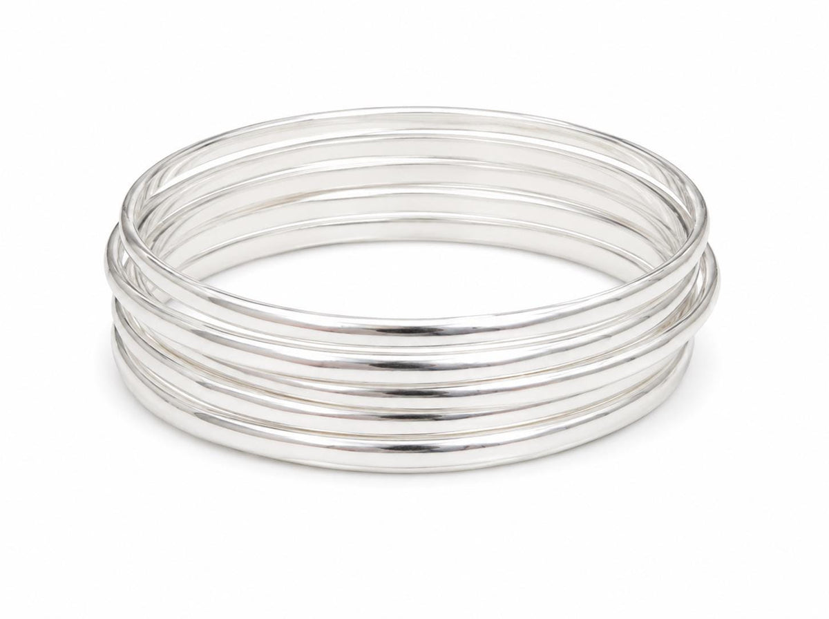 7-Piece Boho Silver Bangle Set – Handcrafted Mexican Bracelets, Modern Half-Round Design