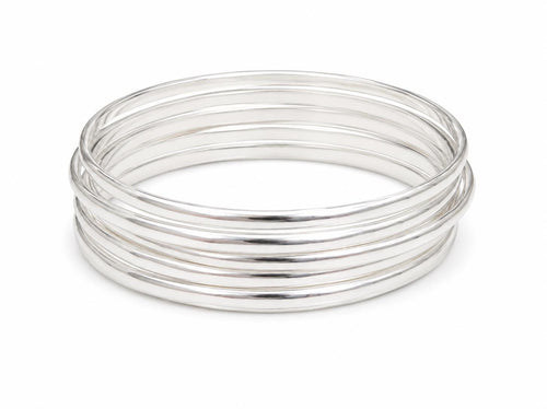 7-Piece Boho Silver Bangle Set – Handcrafted Mexican Bracelets, Modern Half-Round Design