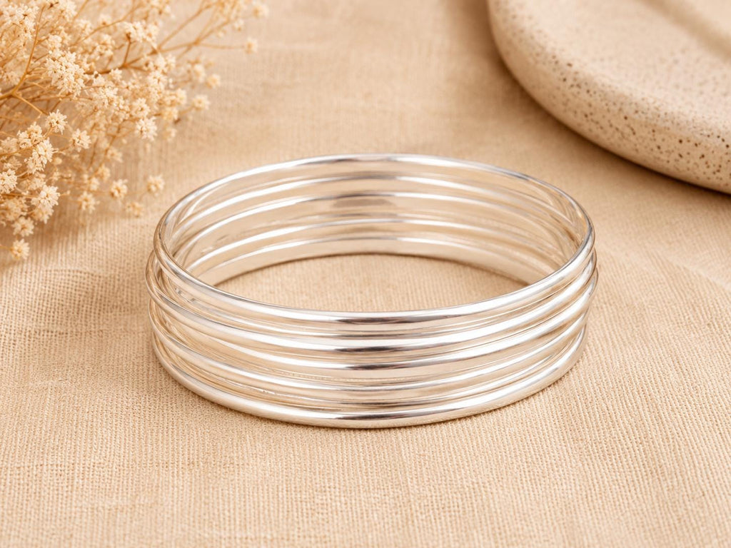 7-Piece Boho Silver Bangle Set – Handcrafted Mexican Bracelets, Modern Half-Round Design