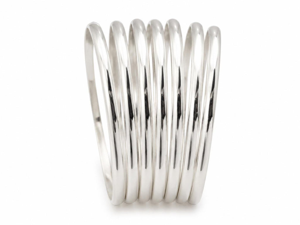 Set of 7 Silver Plated Stackable Bracelets – Mexican Boho Half Round Design