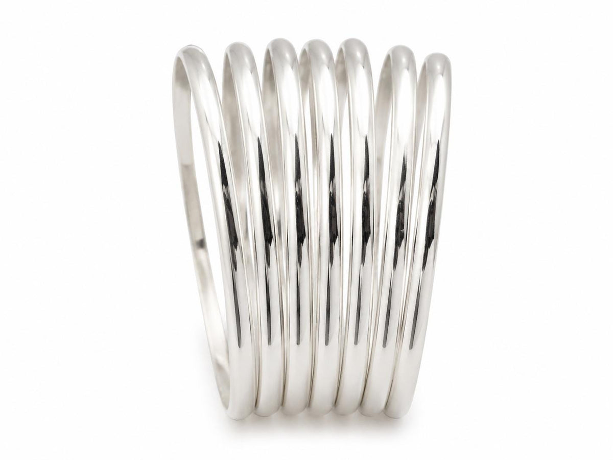 Set of 7 Silver Plated Stackable Bracelets – Mexican Boho Half Round Design