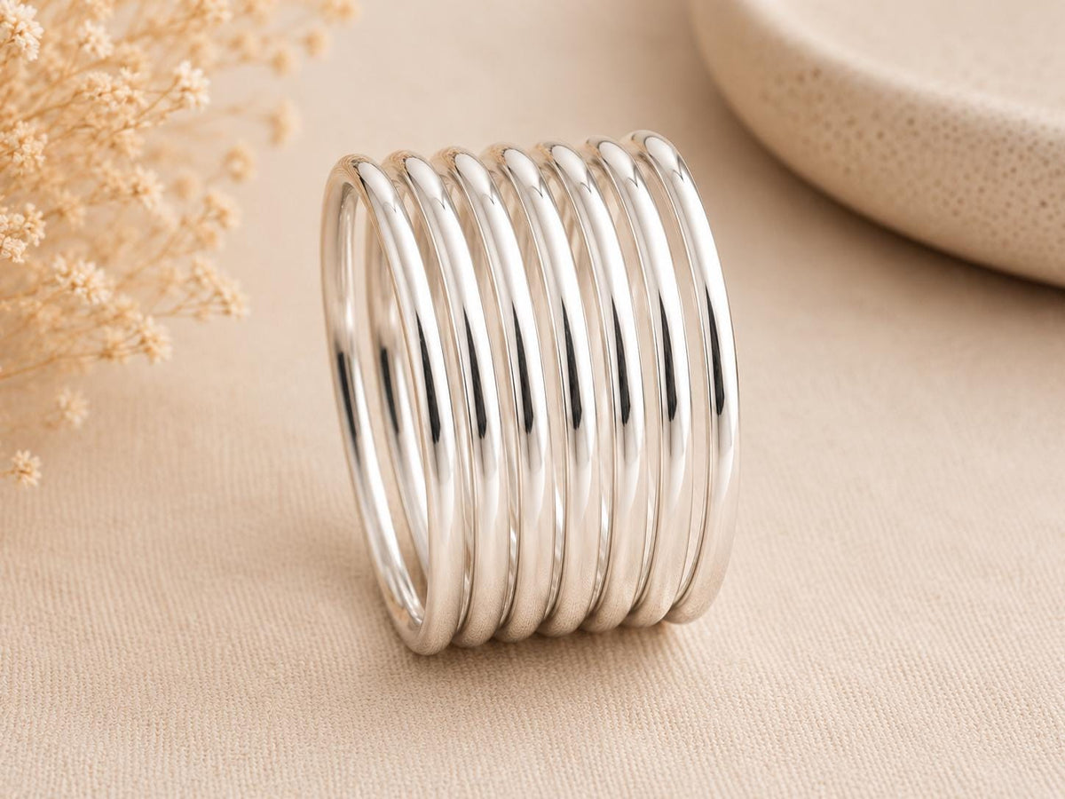 Set of 7 Silver Plated Stackable Bracelets – Mexican Boho Half Round Design
